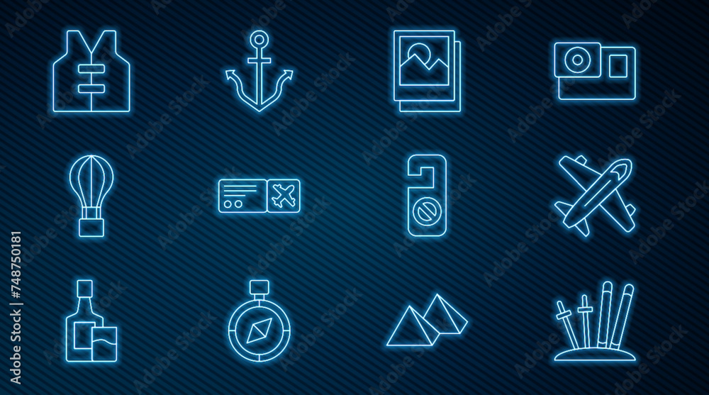Set line Ski and sticks, Plane, Photo, Airline ticket, Hot air balloon, Life jacket, Please do not disturb and Anchor icon. Vector Set line Ski and sticks, Plane, Photo, Airline ticket, Hot air balloon, Life jacket, Please do not disturb and Anchor icon. Vector