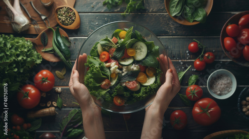 Wholesome meal showcased in hands, salad with fresh ingredients © ArtBox