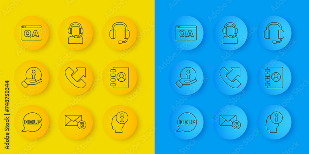 Set line Speech bubble with text Help, Information, Telephone 24 hours support, Address book, Question and Answer, Headphones and Man headset icon. Vector Set line Speech bubble with text Help, Information, Telephone 24 hours support, Address book, Question and Answer, Headphones and Man headset icon. Vector