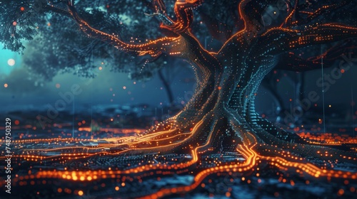 A digital tree with roots in the form of blockchain links.