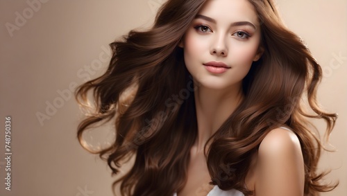 Gleaming with vitality, a girl showcases flawless, straight brown hair and luminous skin, embodying the essence of hair and skin care products Generative AI