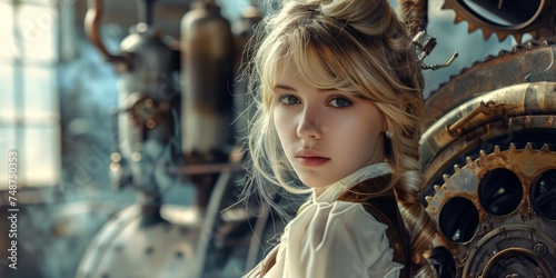 Beautiful Blonde Woman Background in the Style Steampunk Gears and Steam Pipes integrated into Her Design created with Generative AI Technology