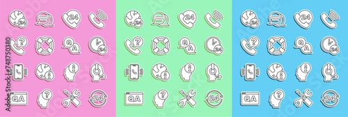 Set line Telephone 24 hours support, Man with a headset, Clock, Lifebuoy, and Question and Answer icon. Vector