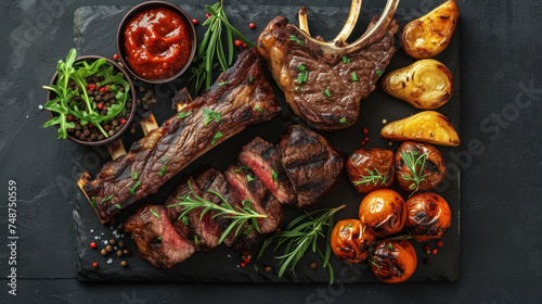 Savor the rich flavors of a perfectly grilled steak, seasoned with a blend of spices and pepper, garnished with fresh herbs for a juicy, roasted delight