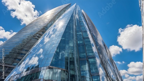Looking up at a modern financial building, its glass facade gleaming under a bright blue sky, embodying bustling business activities Generative AI