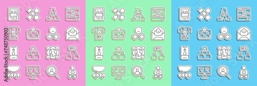 Set line Friends forever, BFF best friends, Envelope with Valentine heart, Informal greeting, Family photo and icon. Vector