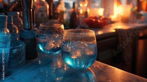 a close up of two glasses of water on a table with bottles in the background and candles in the background.