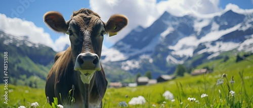 A cow on a green meadow in the Swiss Alps. photo