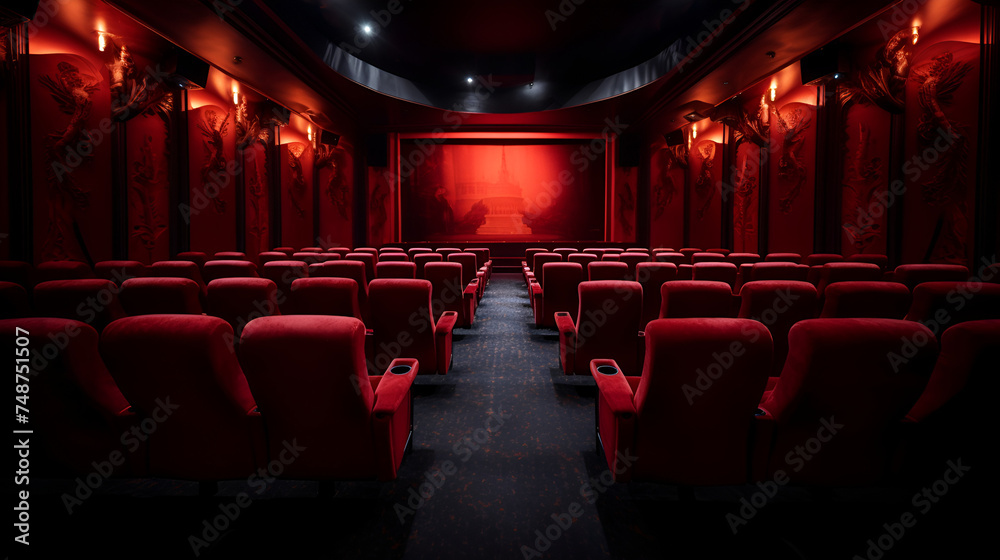 Empty cinema seats with spotlight and blank screen,large screen, cinematic atmosphere, indoor entertainment, visual entertainment,