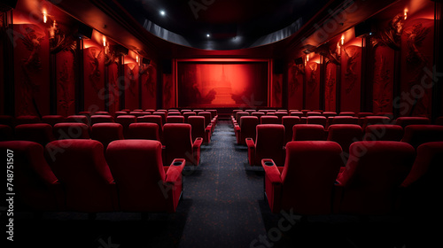 Empty cinema seats with spotlight and blank screen,large screen, cinematic atmosphere, indoor entertainment, visual entertainment,