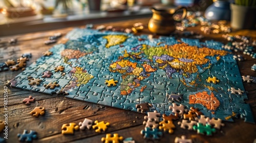 A jigsaw puzzle of the global map  with pieces representing different countries  regulatory stances.