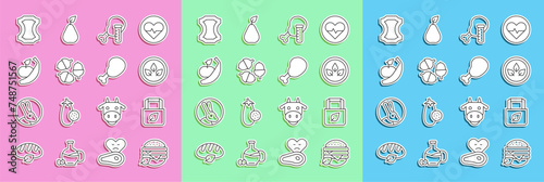 Set line Vegan food diet, Shopping bag with recycle, Genetically modified chicken, Acorn, Apple and banana, Leather and Chicken leg icon. Vector
