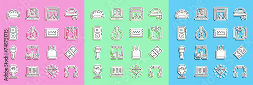 Set line Headphones, Stacks paper money cash, Hoodie, Drum machine music, Money bag, Music player, Brass knuckles and Concert ticket icon. Vector