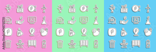 Set line Eco nature leaf battery, Electric saving plug in, Plant breeding, shop, Leaf hand, symbol, Wind turbine and icon. Vector