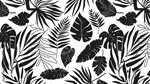 a black and white pattern of tropical leaves on a white background, with a black and white design in the middle of the image. photo