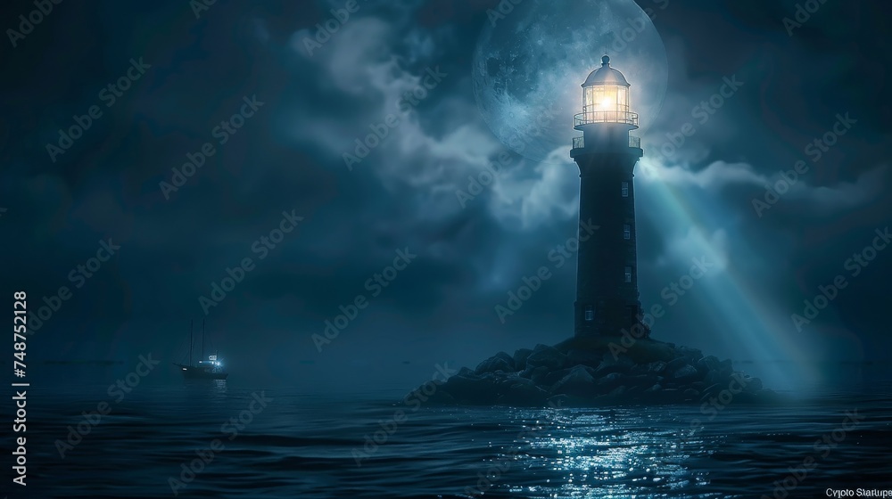A lighthouse shining a beam over dark waters, guiding ships labeled as "Crypto Startups." - obrazy, fototapety, plakaty 