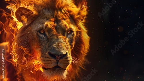 fierce predator lion with glowing eyes in detailed closeup portrait  danger concept with vfx effect on dark background