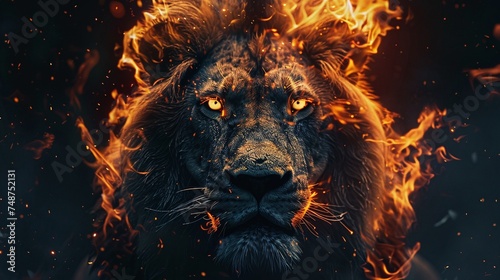 majestic lion king in fiery portrait with glowing eyes, intense wildlife concept isolated on black background with copy space