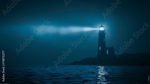 A lighthouse shining a beam over dark waters, guiding ships labeled as "Crypto Startups."