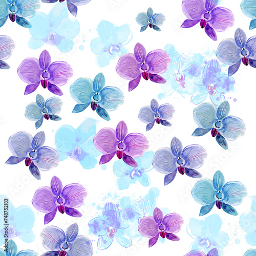 Hand drawn orchids. Tropical flowers. Watercolor seamless pattern. 