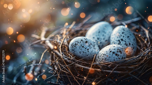 A nest with eggs, each representing a different aspect of ReFi, protected by blockchain branches. photo