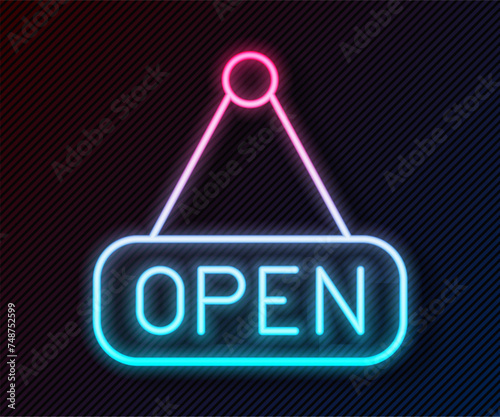 Glowing neon line Hanging sign with text Open door icon isolated on black background. Vector