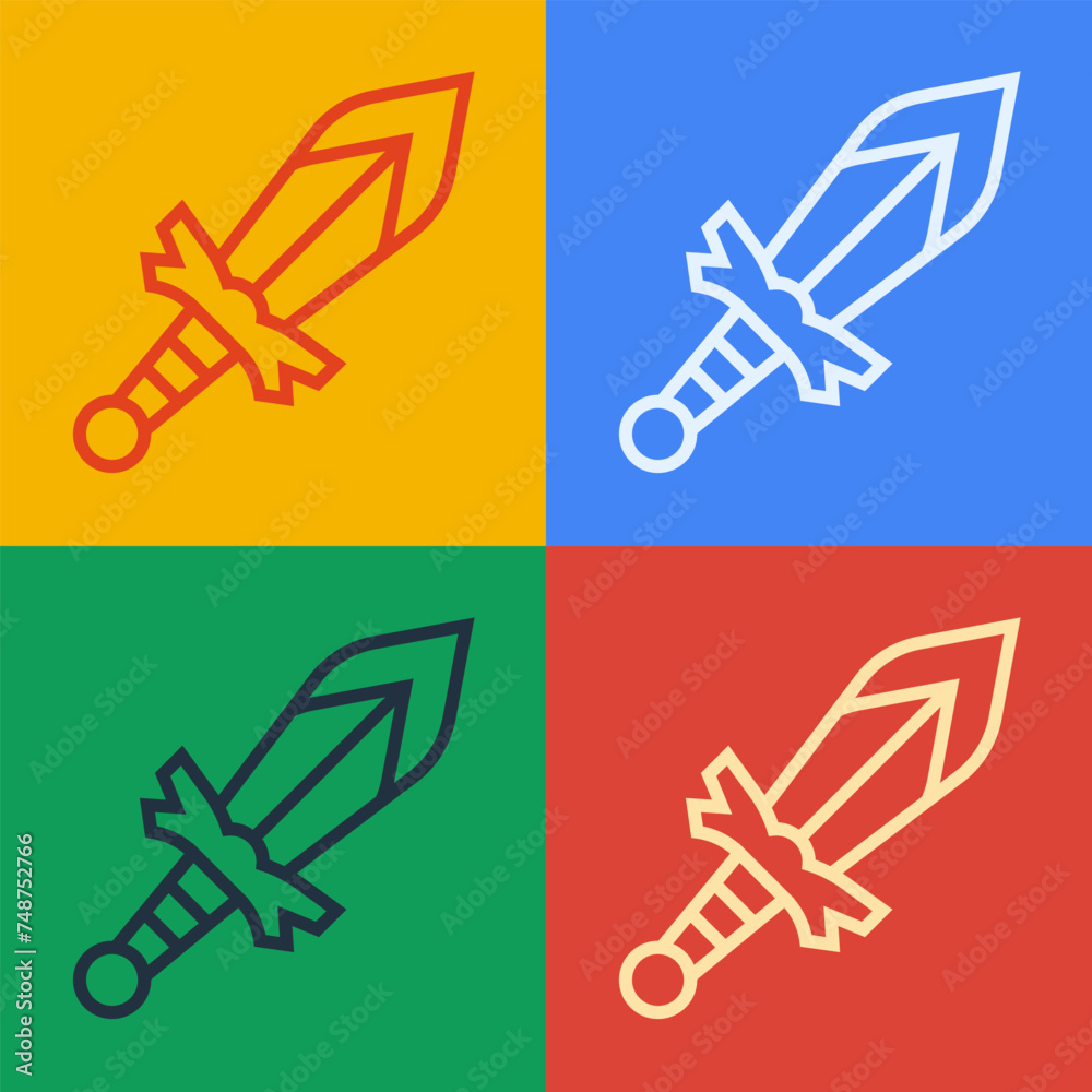 Pop art line Medieval sword icon isolated on color background. Medieval weapon. Vector Pop art line Medieval sword icon isolated on color background. Medieval weapon. Vector