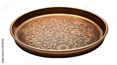 Vintage-Inspired Brass Tray with Intricate Embossing on white background