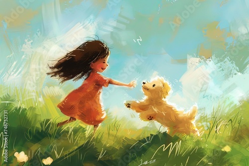 AI bambina che gioca col suo cane, illustrazione per bambini 03 photo