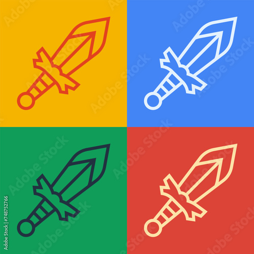Pop art line Medieval sword icon isolated on color background. Medieval weapon. Vector