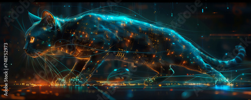 A sleek futuristic cat navigating through cyber realms to safeguard kingdoms against digital threats