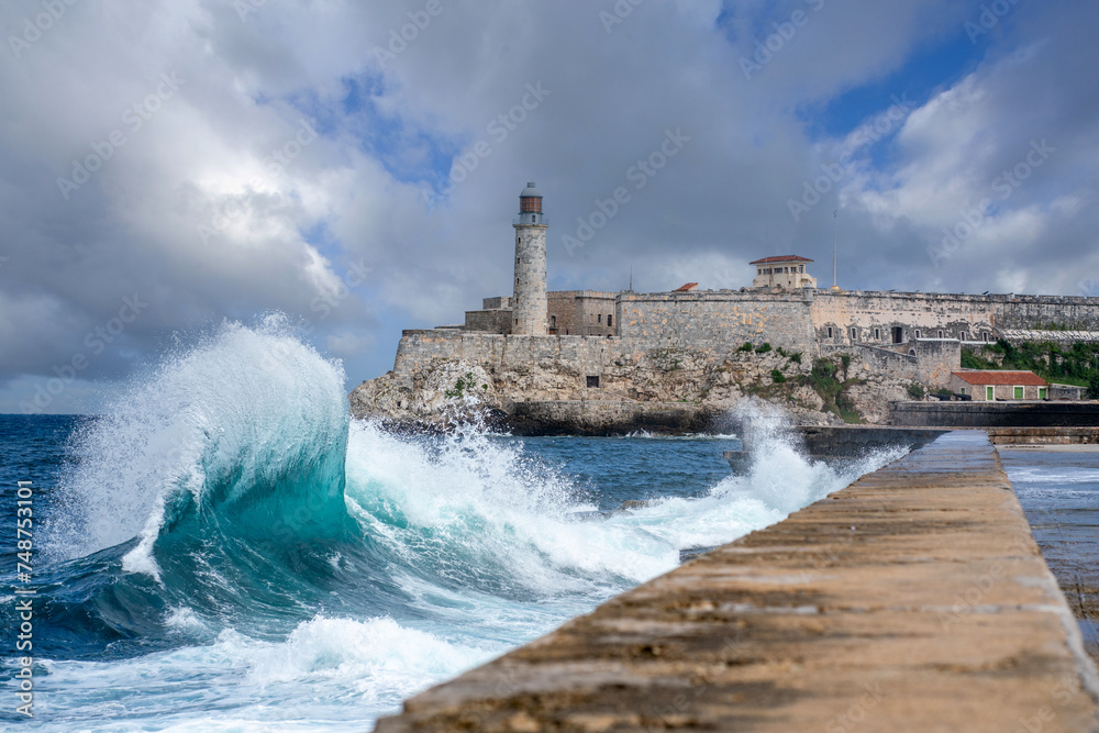 Waves crashing in front of El Morro Castle, Havana Cuba