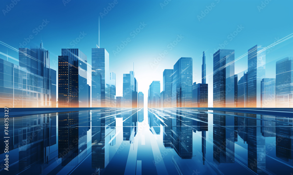 Modern skyscrapers of a smart city. Futuristic financial district. Graphic perspective of buildings and reflections.