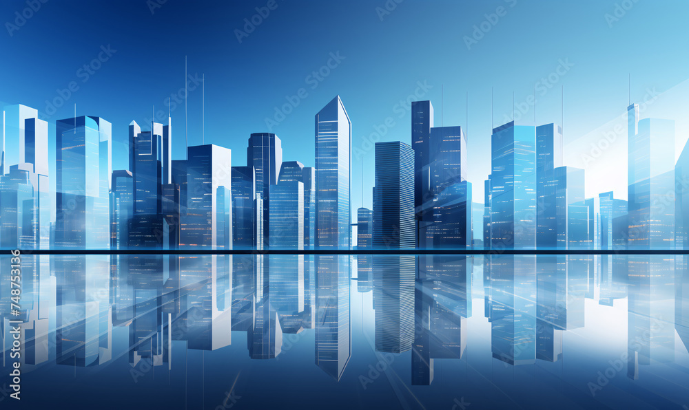 Skyscrapers of daytime modern city under bright sky and reflecting on the surface of the water.