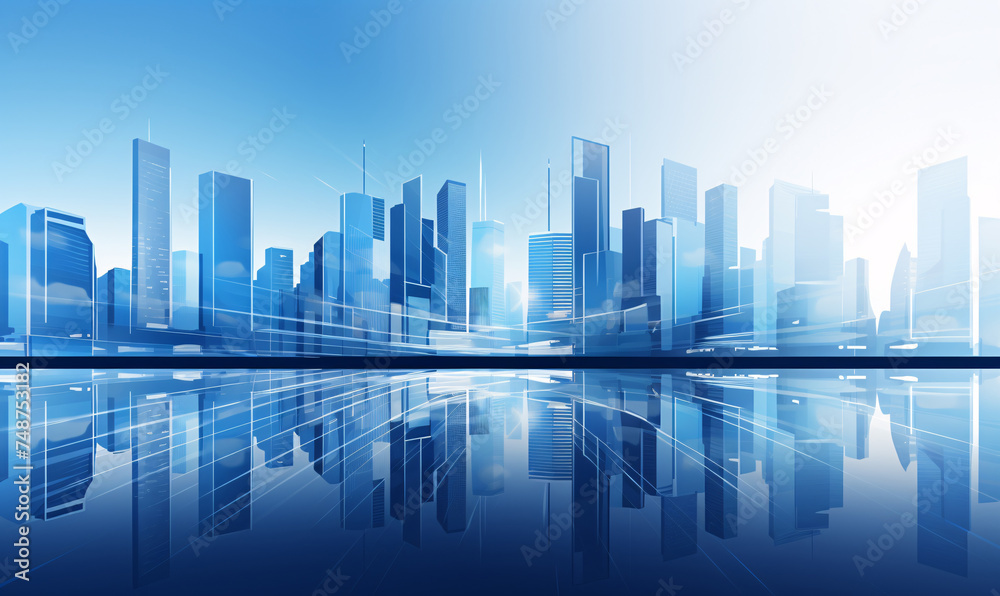 Fototapeta premium Picture of modern skyscrapers of a smart city. Futuristic financial district with buildings and reflections. Blue color background for corporate and business template.