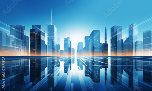 Modern skyscrapers of a smart city. Futuristic financial district. Graphic perspective of buildings and reflections.