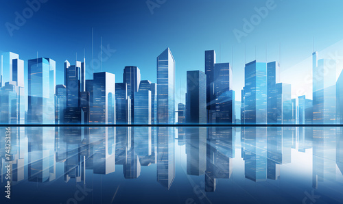 Skyscrapers of daytime modern city under bright sky and reflecting on the surface of the water.