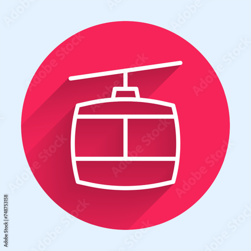 White line Cable car icon isolated with long shadow background. Funicular sign. Red circle button. Vector