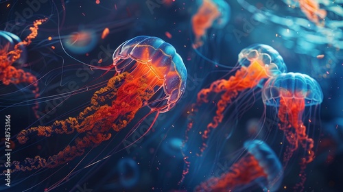 breathtaking jellyfish closeup in underwater ecosystem, revealing translucent beauty of deep-sea creature