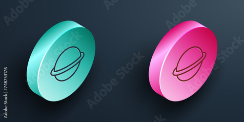 Isometric line Planet Saturn with planetary ring system icon isolated on black background. Turquoise and pink circle button. Vector