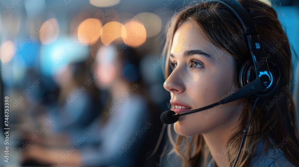 Close-up of a cheerful customer service representative with headset, engaging with clients in a professional setting.
Close-up of a cheerful customer service representative with headset, engaging with clients in a professional setting.