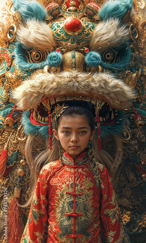 Chinese girl on the background of a lunar New Year's dragon