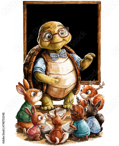 A wise old turtle with glasses teaching a class of young forest dwellers © Mikla
