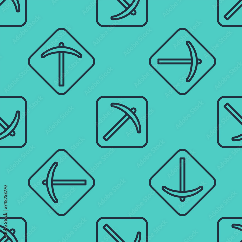 Black line Pickaxe icon isolated seamless pattern on green background. Vector Black line Pickaxe icon isolated seamless pattern on green background. Vector