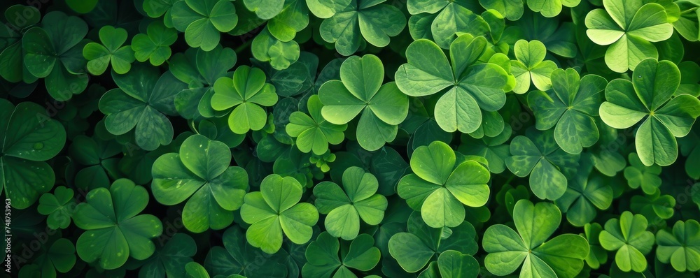 Detail of a green clover in wide banner shape. Patrick's Day theme. Detail of a green clover in wide banner shape. Patrick's Day theme.