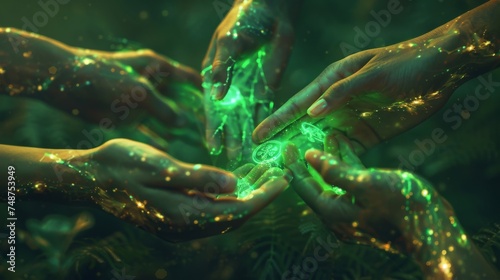 A series of hands passing a green, glowing digital token, symbolizing community investment in renewable energy projects through blockchain technology.