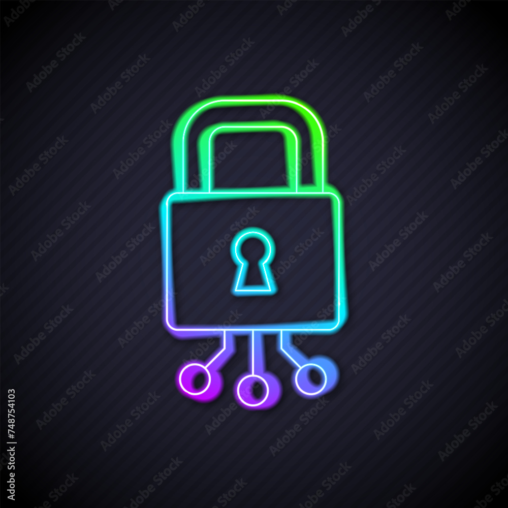 Glowing neon line Cyber security icon isolated on black background. Closed padlock on digital circuit board. Safety concept. Digital data protection. Vector Glowing neon line Cyber security icon isolated on black background. Closed padlock on digital circuit board. Safety concept. Digital data protection. Vector