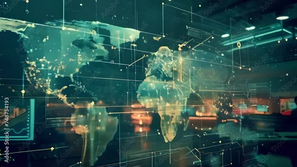 world map on holographic display in an office, futuristic newsroom