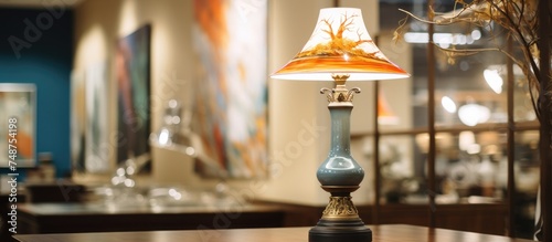 A small lamp post is positioned on top of a wooden table, adding light and ambiance to the rooms decor.