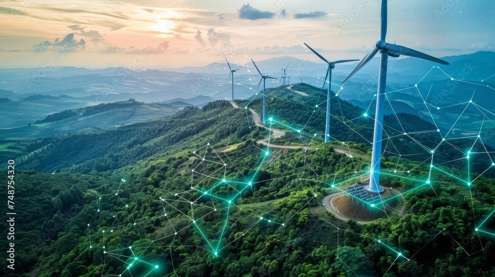 A series of renewable energy sources like wind turbines and solar panels connected through a digital network, showcasing the role of technology in promoting sustainable energy solutions. - obrazy, fototapety, plakaty 
